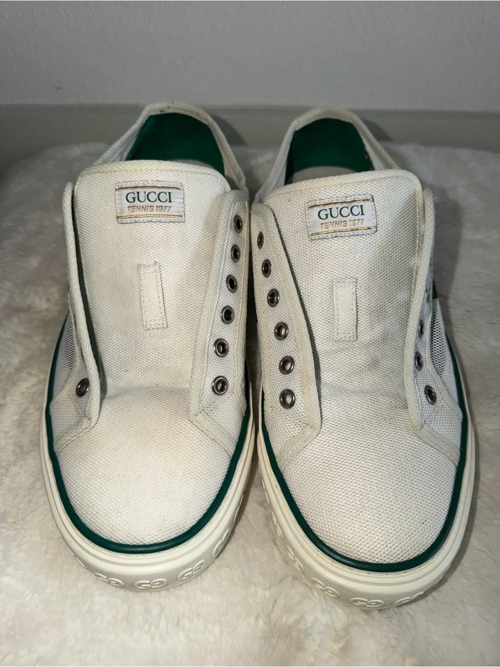 Gucci White Slip-On Canvas Loafers with Green & Red Web Stripe